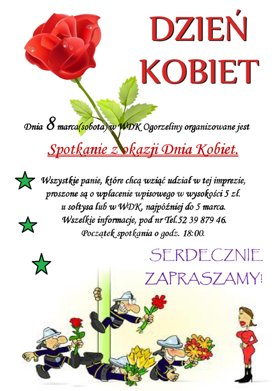 Dnia 8 marca w WDK Ogorzeliny organizowane jest spotkanie z okazji Dnia Kobiet